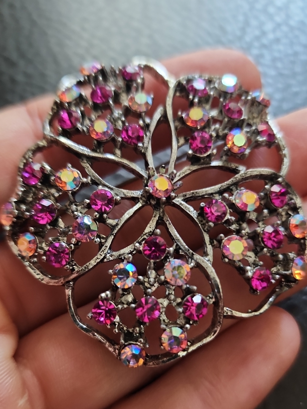 Rhinestone Flower Brooch in Fuchsia and Aurora Borealis